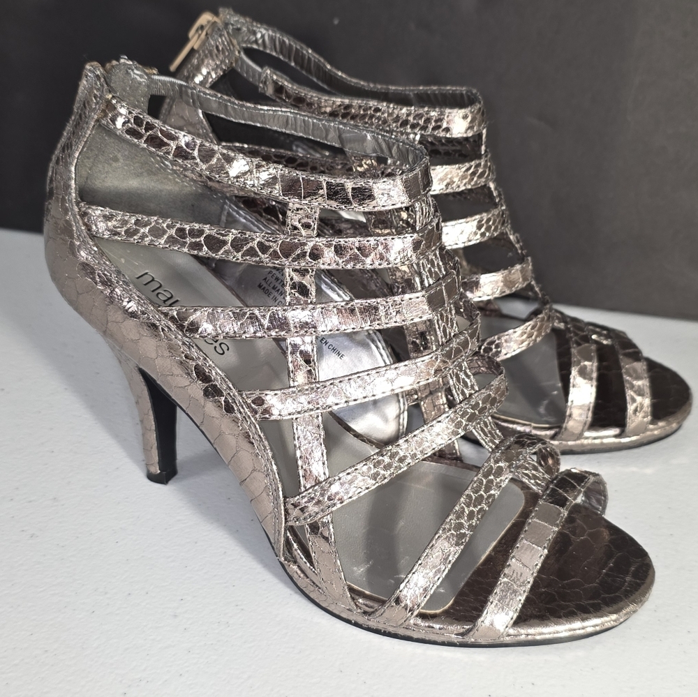 Maurices Heather Pewter Reptile Print Silver Sexy Strappy Heels Vegan 7.5M VGUC
